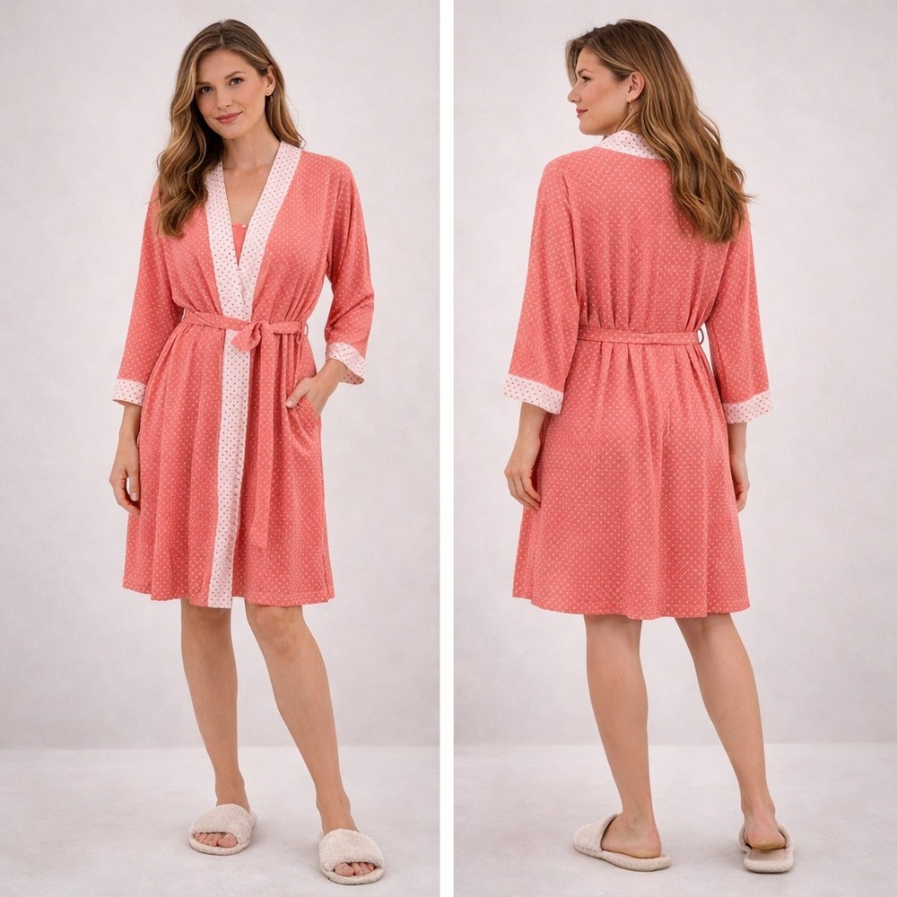Carole Hochman Coral Polka Dot Robe Short Wrap Large Cotton Blend Loungewear‎